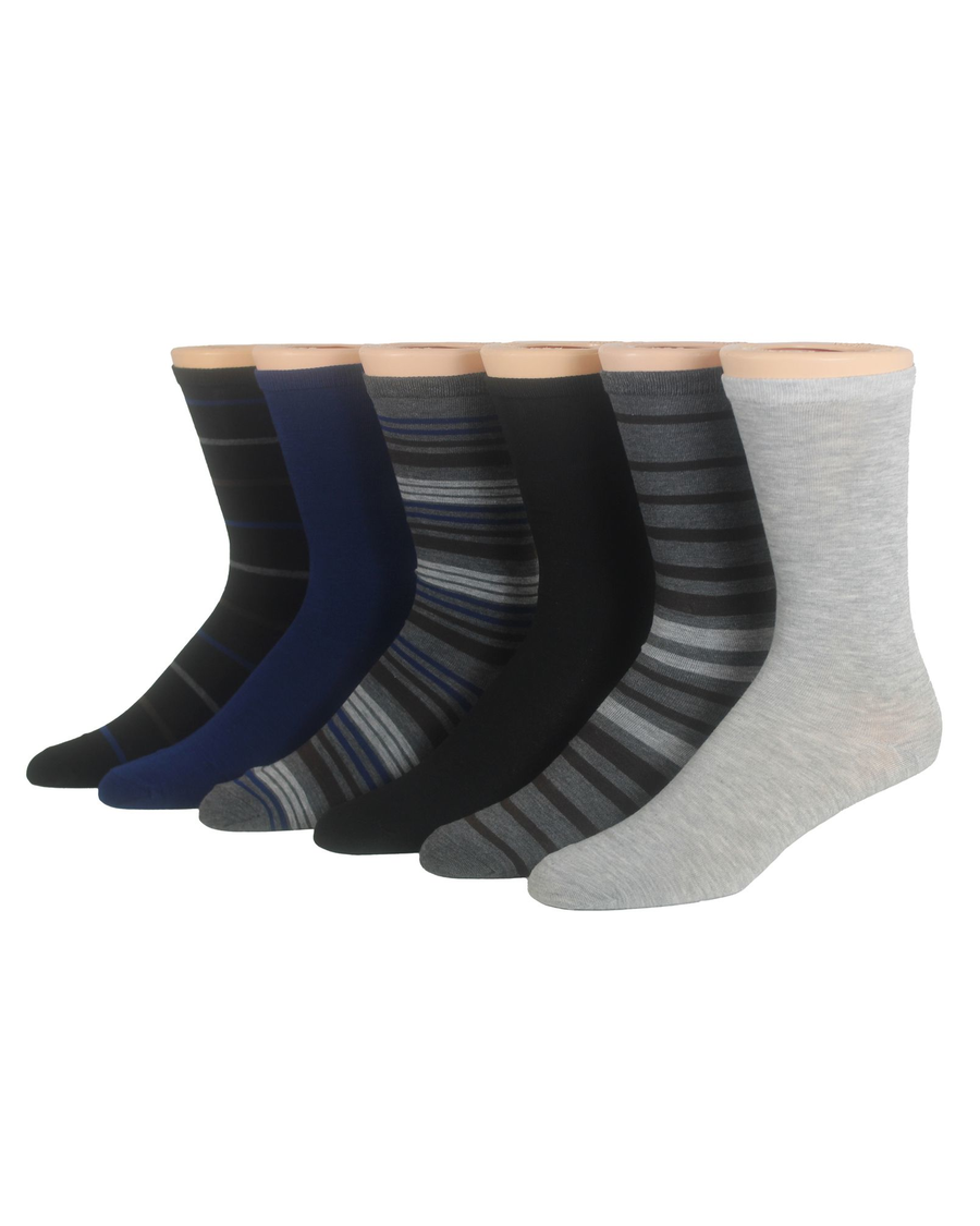 View of  Black/Blue/Grey Flat Knit Crew Socks with Embroidery, 6 Pack.