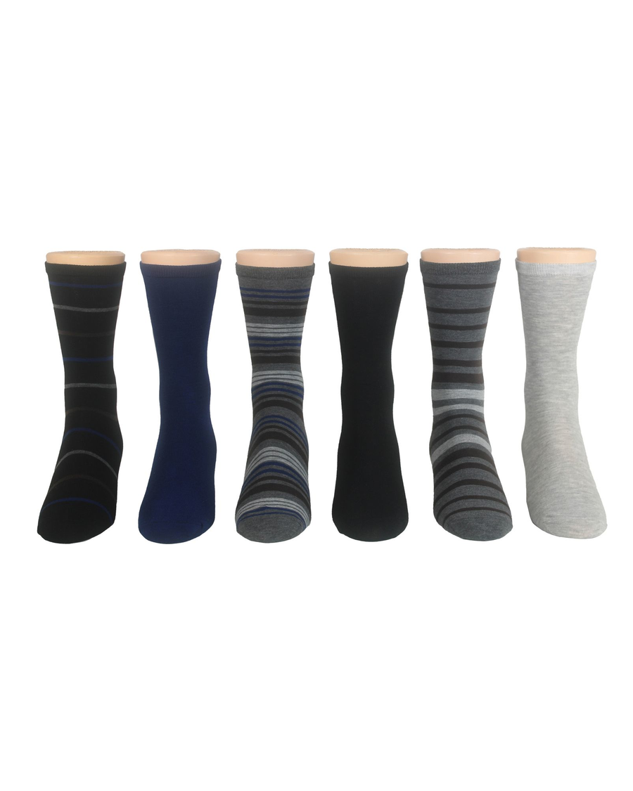 Back view of  Black/Blue/Grey Flat Knit Crew Socks with Embroidery, 6 Pack.