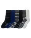 Front view of  Black/Blue/Grey Flat Knit Crew Socks with Embroidery, 6 Pack.