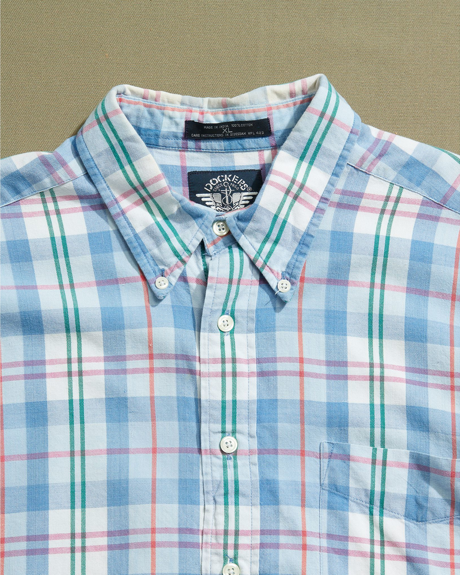 View of model wearing Blue Blue & Pink Madras Shirt - XL.