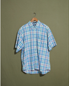 Front view of model wearing Blue Blue & Pink Madras Shirt - XL.