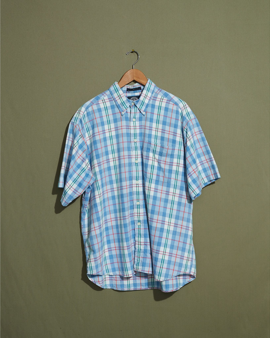 Front view of model wearing Blue Blue & Pink Madras Shirt - XL.