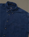 View of model wearing Blue Dark Denim Shirt - M.