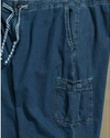 View of model wearing Blue Denim Cargo Pants with Draw String Waist - 28 x 22.