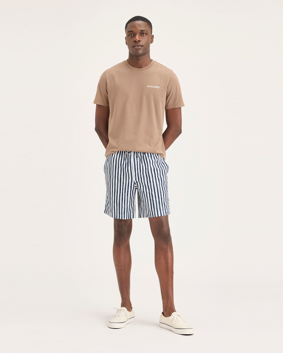 Front view of model wearing Blue Depths Ultimate Pull On 8.5" Short.