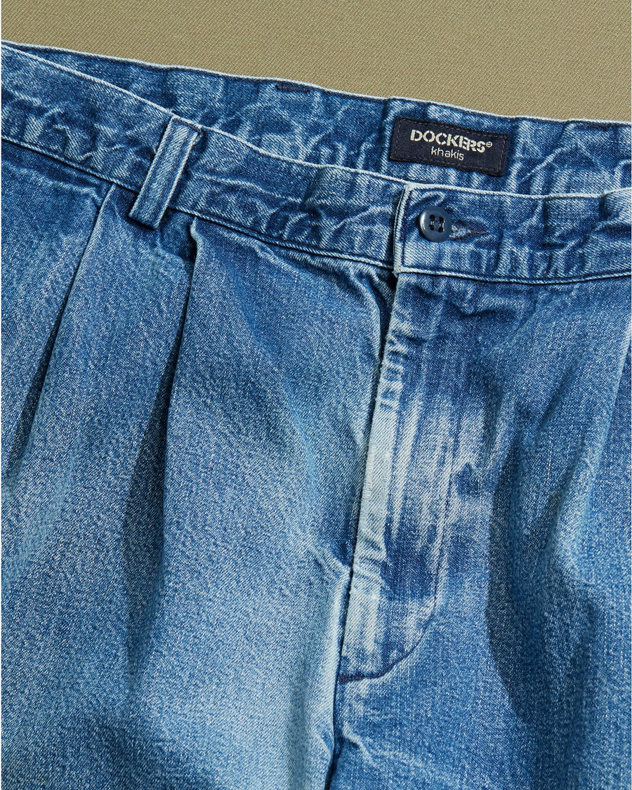 View of model wearing Blue Double Pleated Denim Pants - 32 x 31.