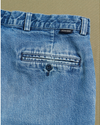 View of model wearing Blue Double Pleated Denim Pants - 32 x 31.