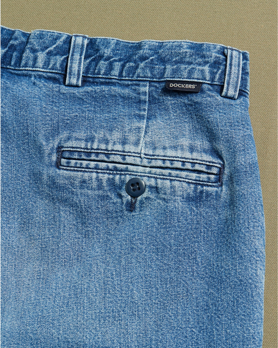 View of model wearing Blue Double Pleated Denim Pants - 32 x 31.