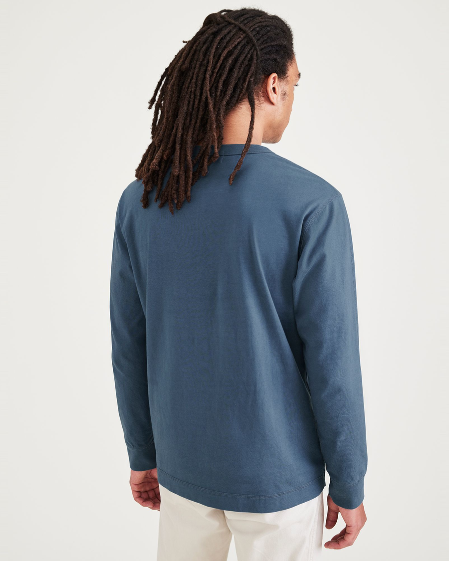 Back view of model wearing Blue Fusion Henley, Regular Fit.