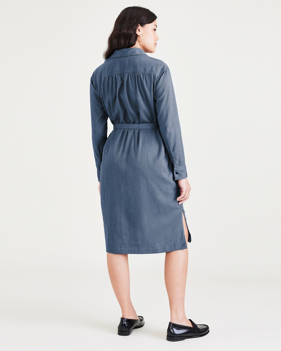 Back view of model wearing Blue Fusion Midi Dress, Relaxed Fit.