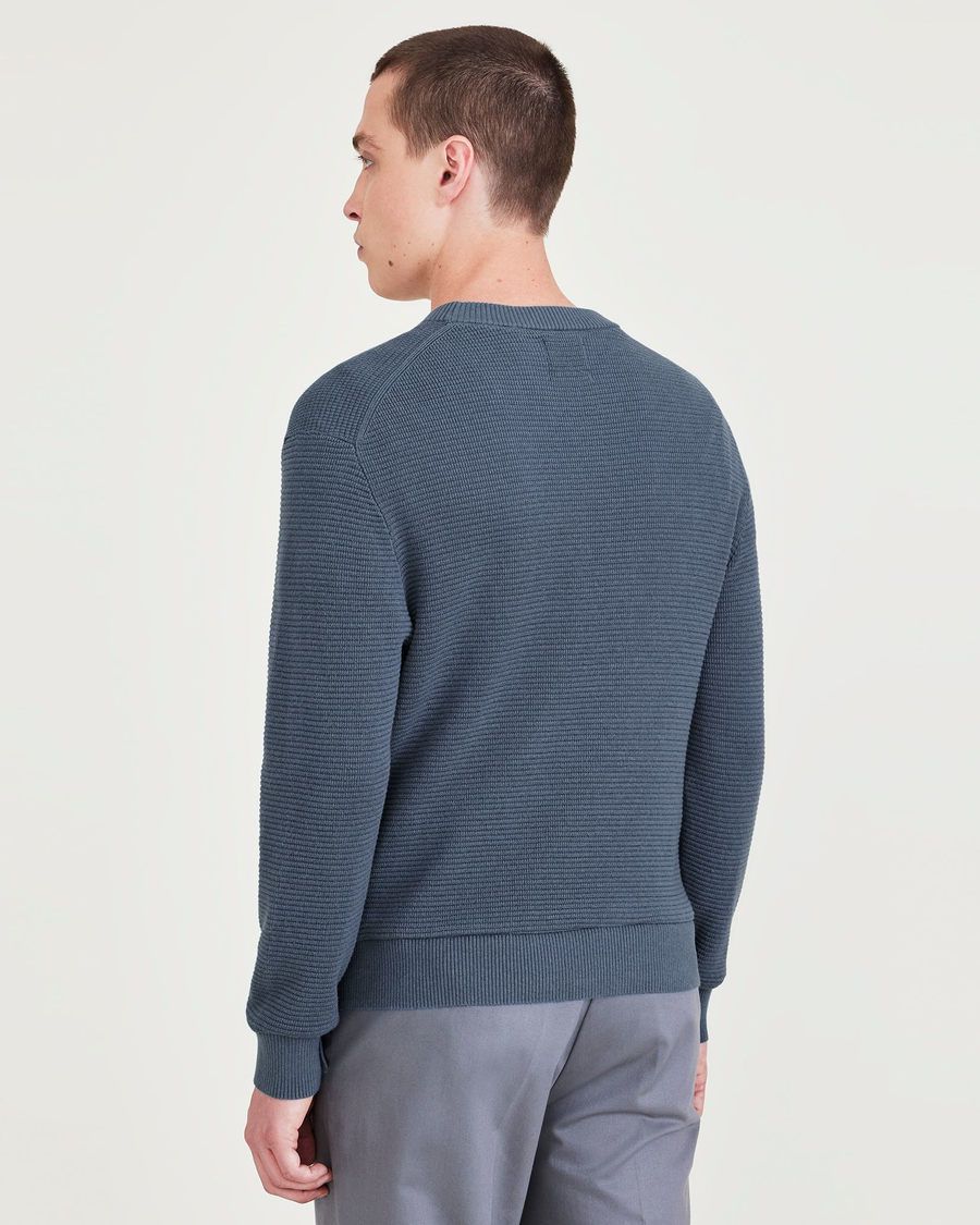 Back view of model wearing Blue Fusion Sweater, Regular Fit.