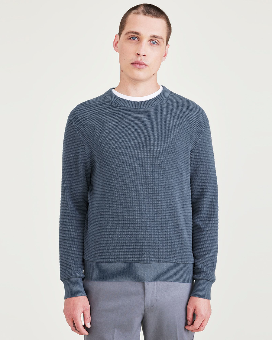 Front view of model wearing Blue Fusion Sweater, Regular Fit.