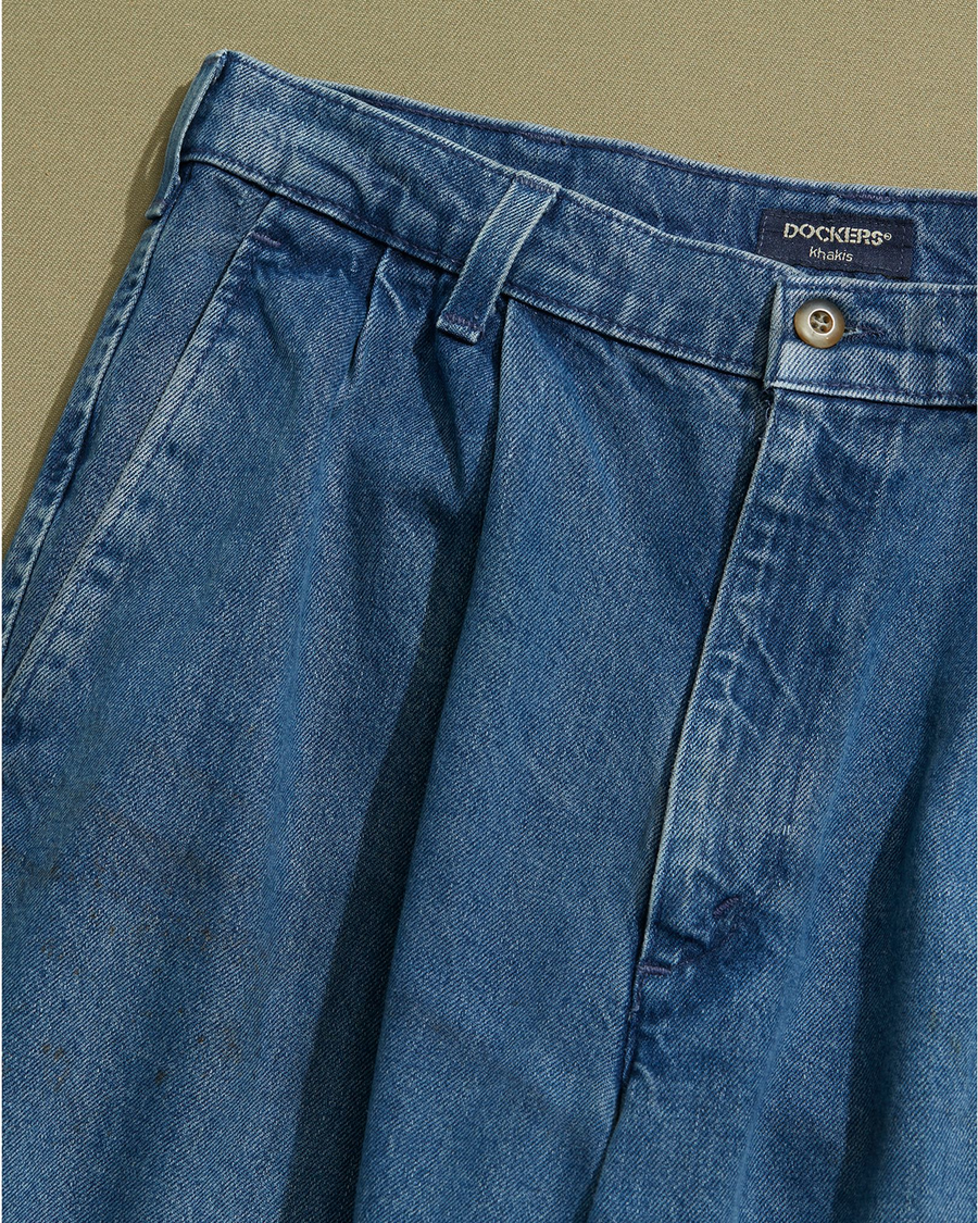 View of model wearing Blue Made in USA, Double Pleated Denim Pants - 31 x 26.