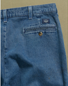 View of model wearing Blue Made in USA, Double Pleated Denim Pants - 31 x 26.