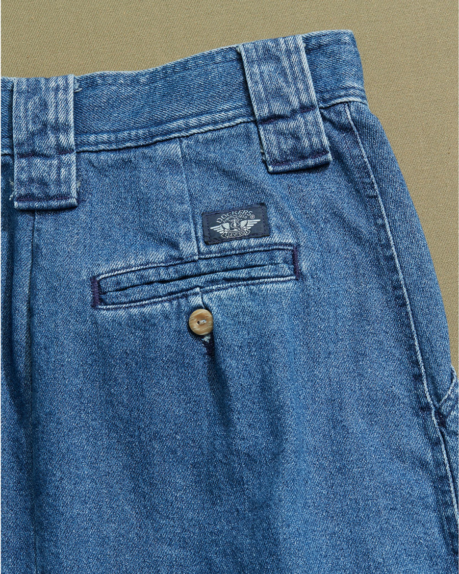 View of model wearing Blue Made in USA, Pleated Denim Skirt - 28 x 30.