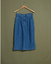 Front view of model wearing Blue Made in USA, Pleated Denim Skirt - 28 x 30.