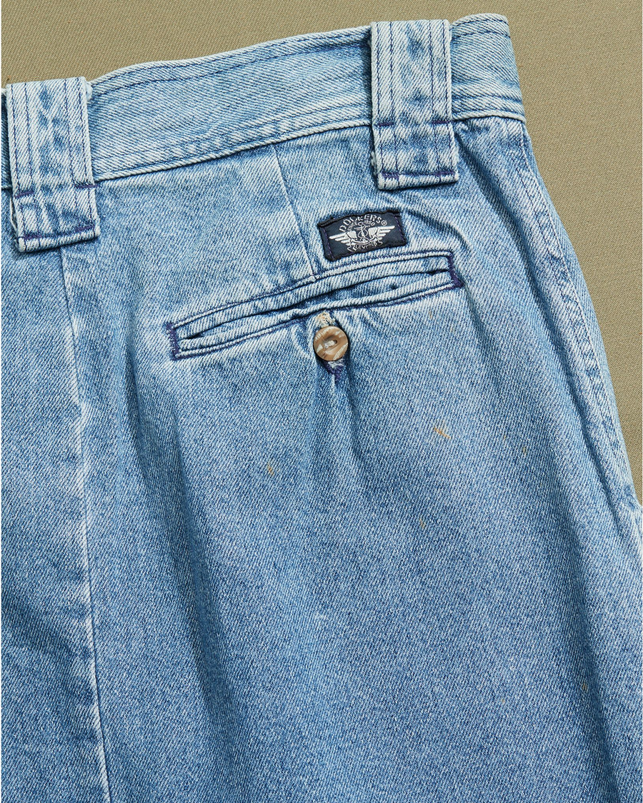 View of model wearing Blue Made in USA, Pleated Denim Skirt - 33 x 30.