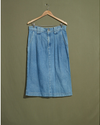 Front view of model wearing Blue Made in USA, Pleated Denim Skirt - 33 x 30.