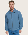 View of model wearing Blue Microtwill Relaxed Bomber Jacket.