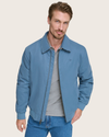 View of model wearing Blue Microtwill Relaxed Bomber Jacket.