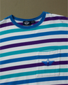 View of model wearing Blue, Purple & Teal Striped Tee Shirt, Standard Fit - L.