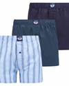 Front view of  Blue Stripe Cotton Woven Boxers, 3 Pack.