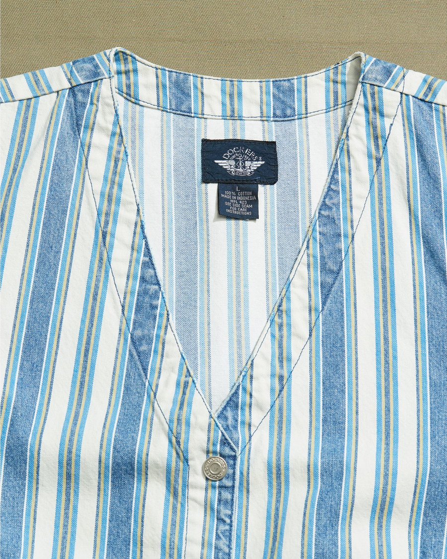 View of model wearing Blue Striped Vest - L.