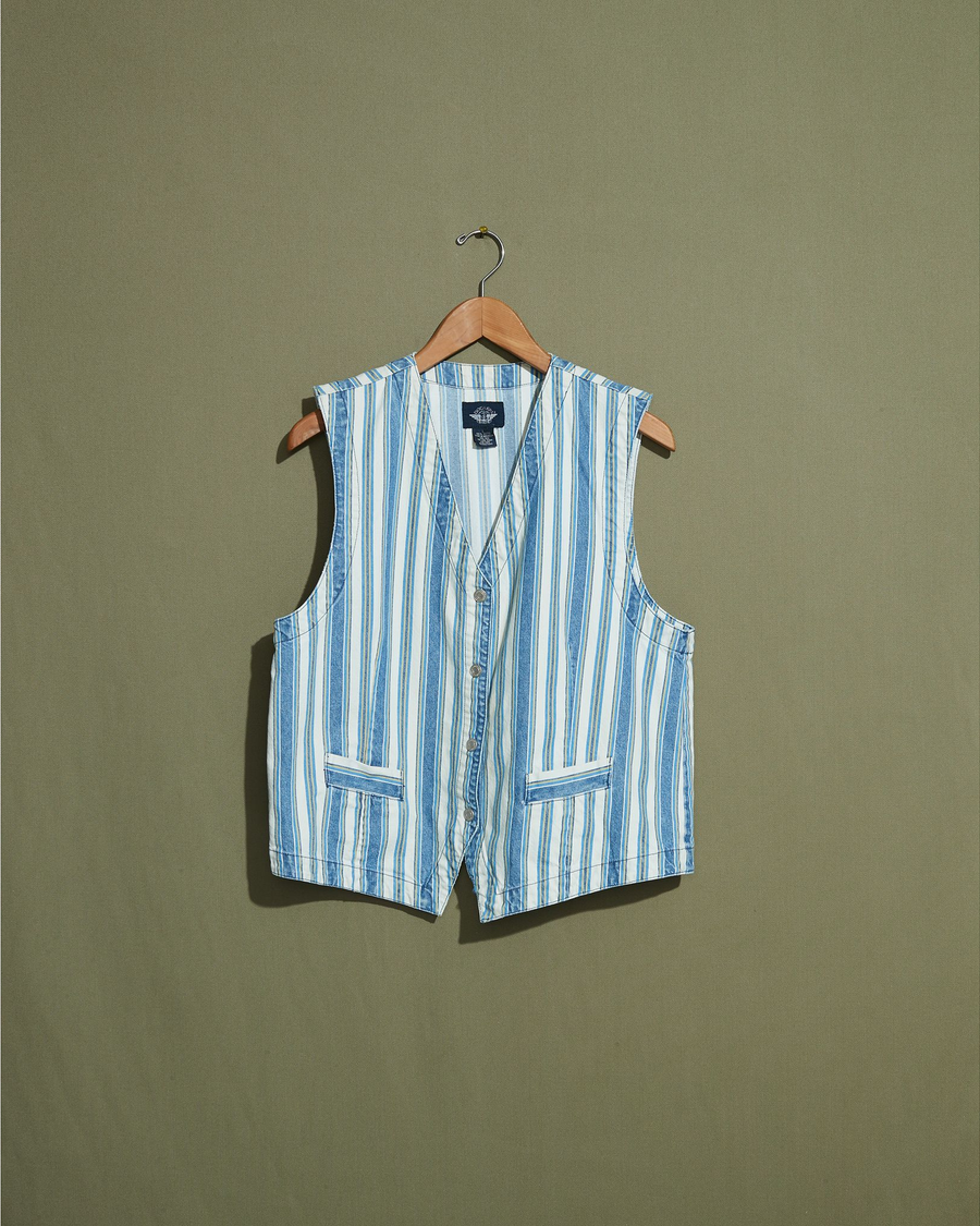 Front view of model wearing Blue Striped Vest - L.