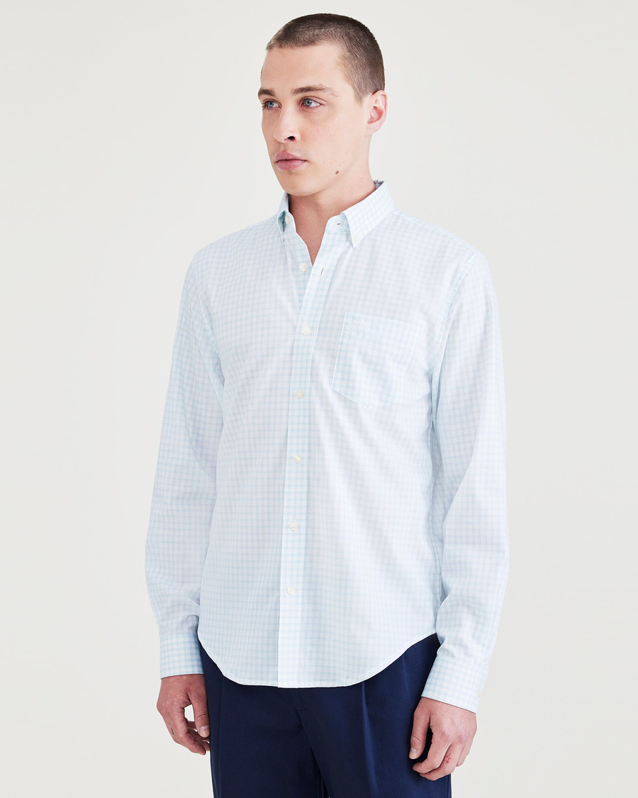 Front view of model wearing Bluebell Signature Stain Defender Shirt, Classic Fit.