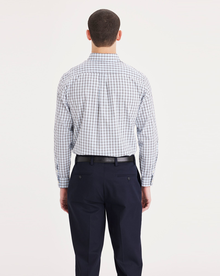 Back view of model wearing Boatyard Navy Blazer Signature Stain Defender Shirt, Classic Fit.
