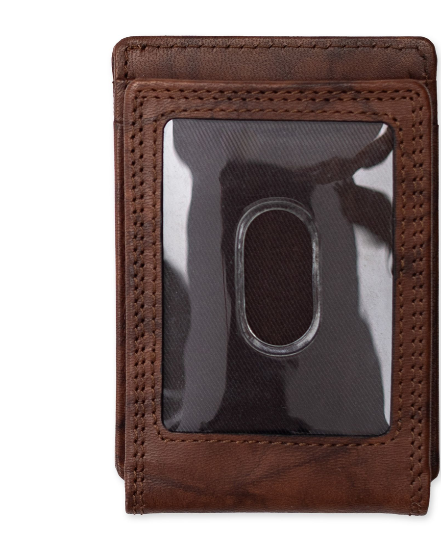 View of  Brown Leather RFID Wide Magnetic FPW Wallet.