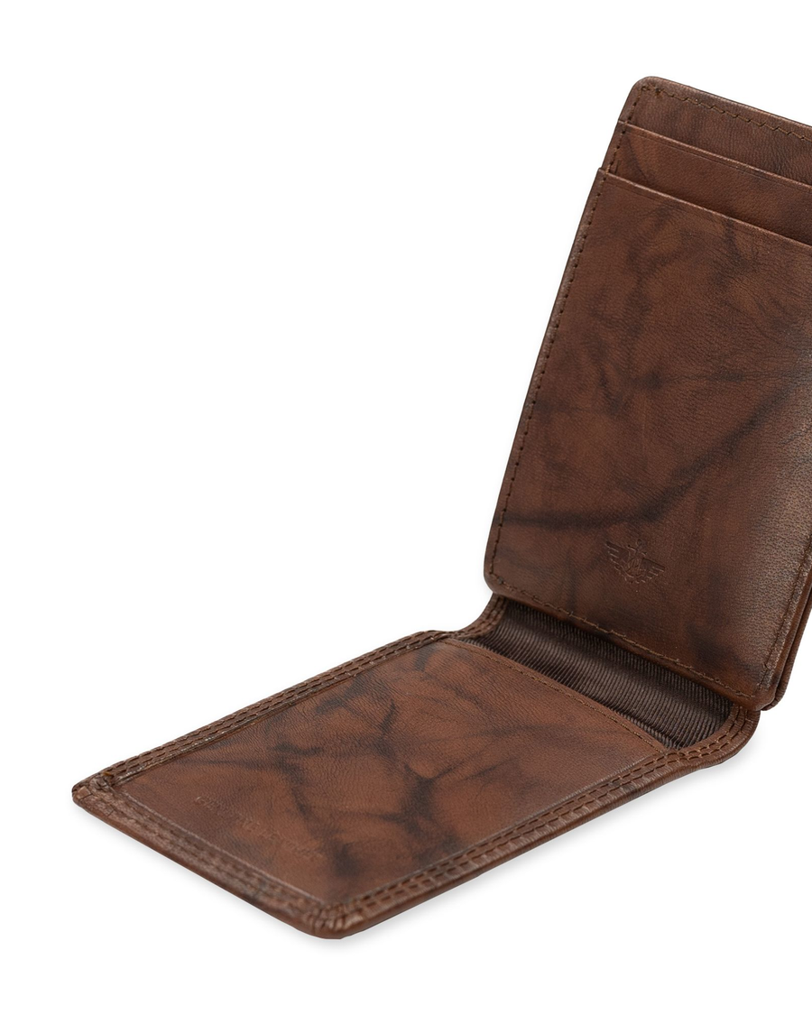 View of  Brown Leather RFID Wide Magnetic FPW Wallet.