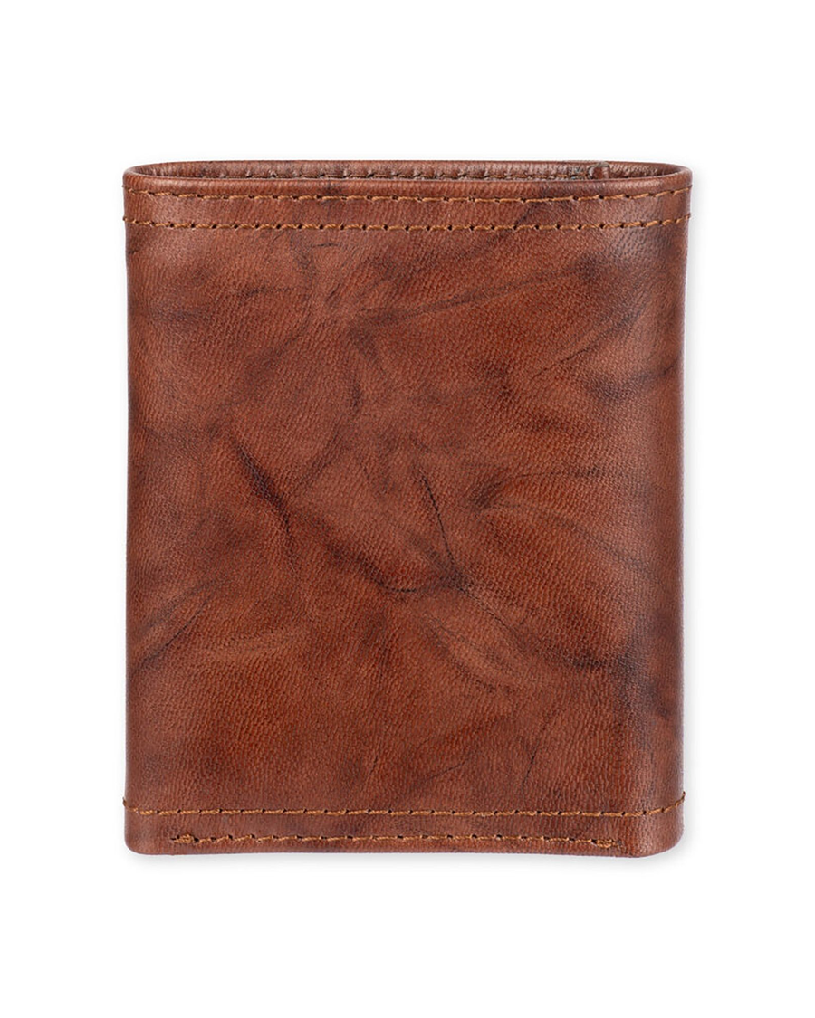 View of  Brown Leather RFID X-Cap Trifold Wallet with Zipper.