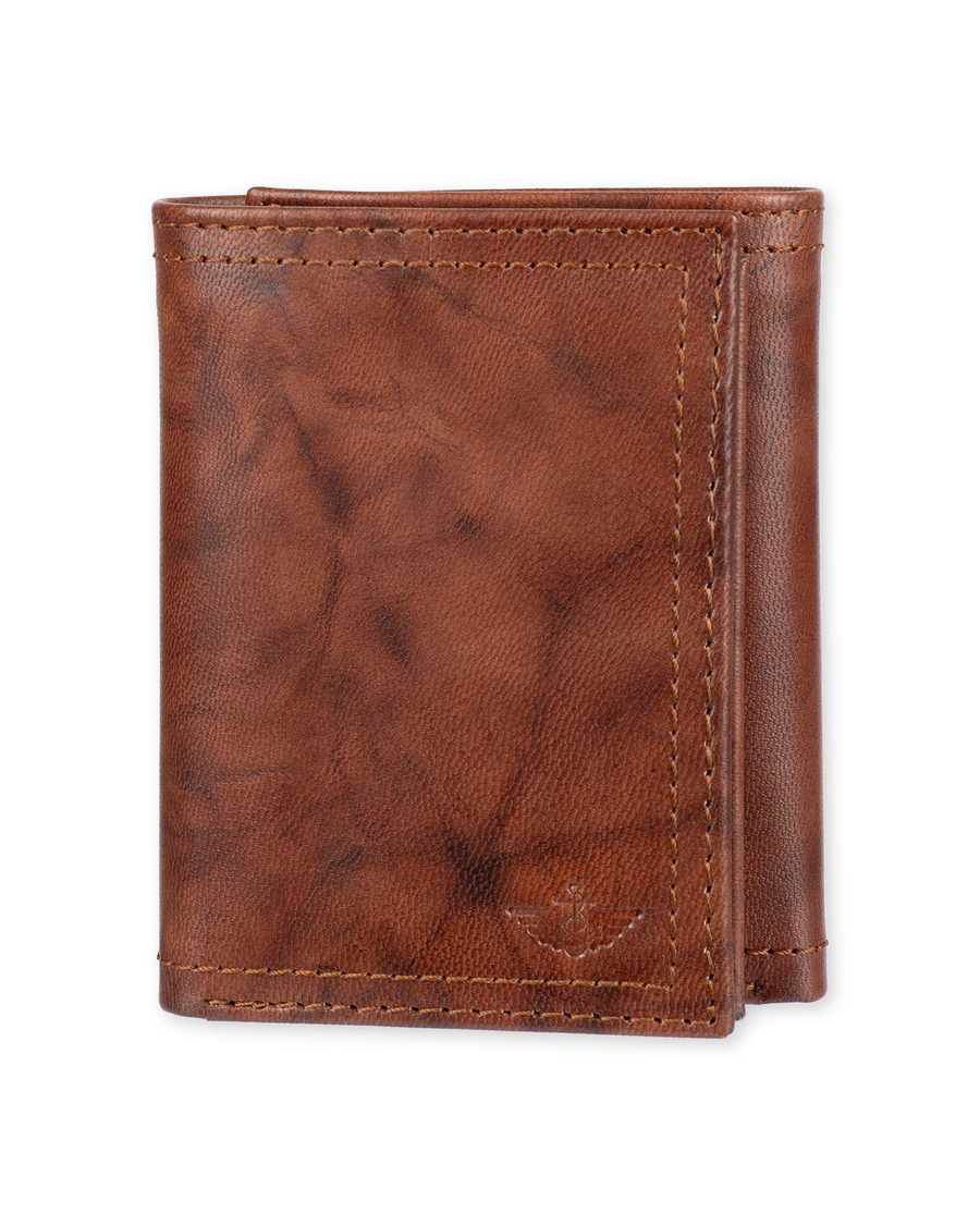 View of  Brown Leather RFID X-Cap Trifold Wallet with Zipper.