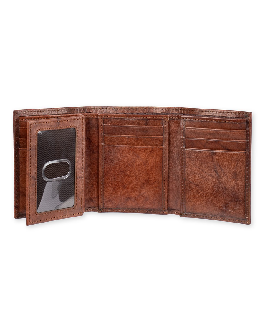 View of  Brown Leather RFID X-Cap Trifold Wallet with Zipper.