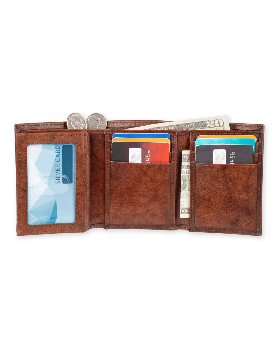 View of  Brown Leather RFID X-Cap Trifold Wallet with Zipper.