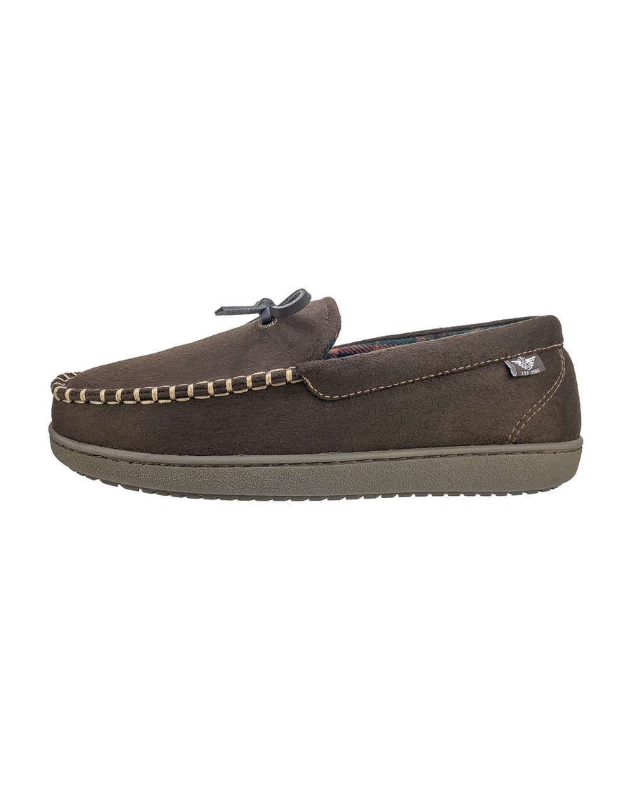 View of  Brown Microsuede Boater Moccasin Slippers.