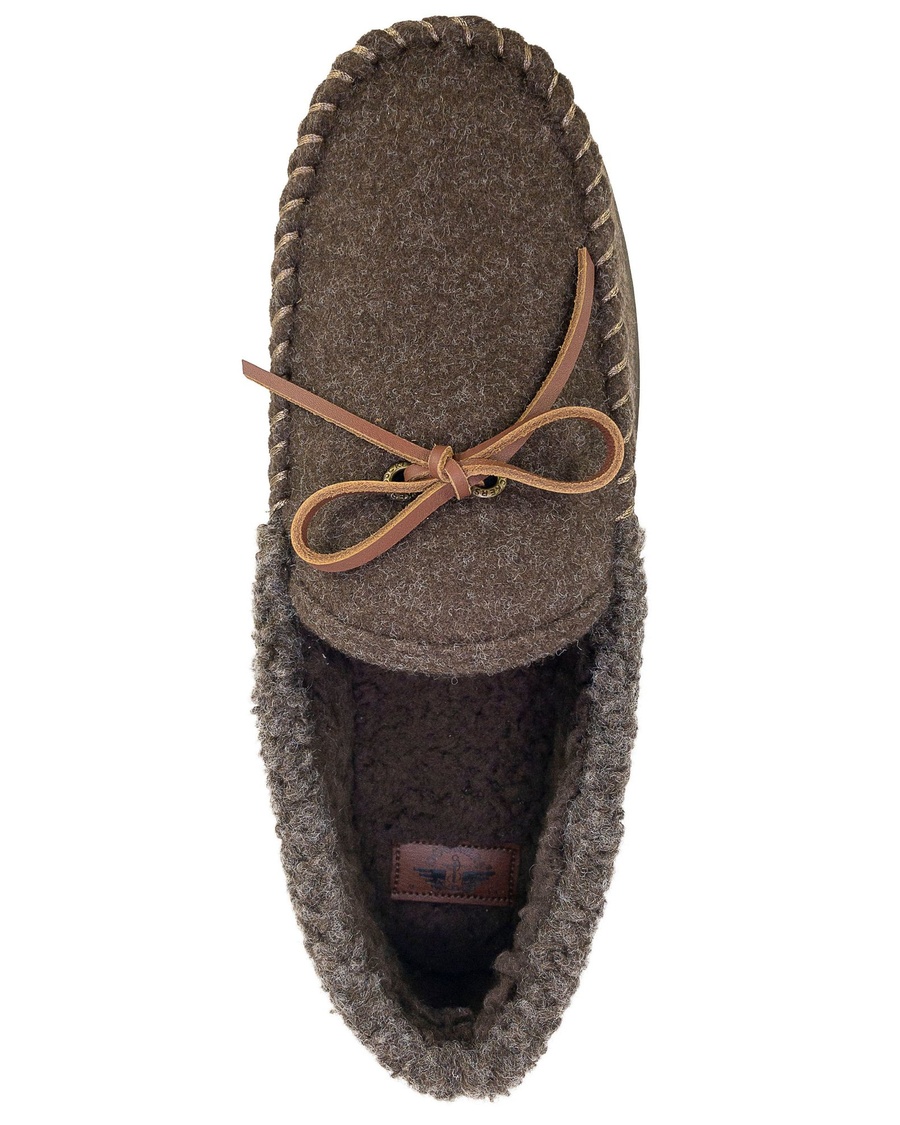 View of  Brown Rolled Collar Wool Moccasin Slippers.