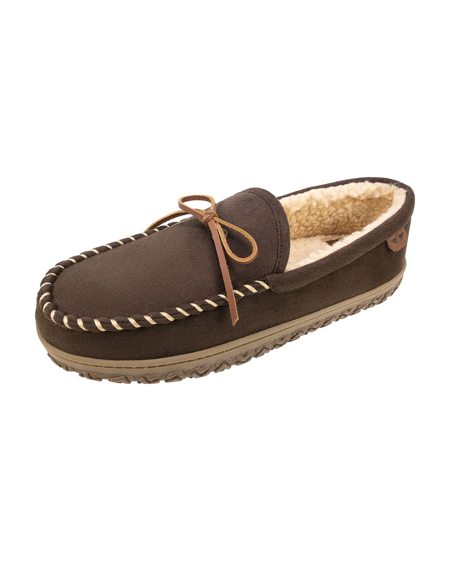 Front view of  Brown Rugged Microsuede Boater Moccasin Slippers.