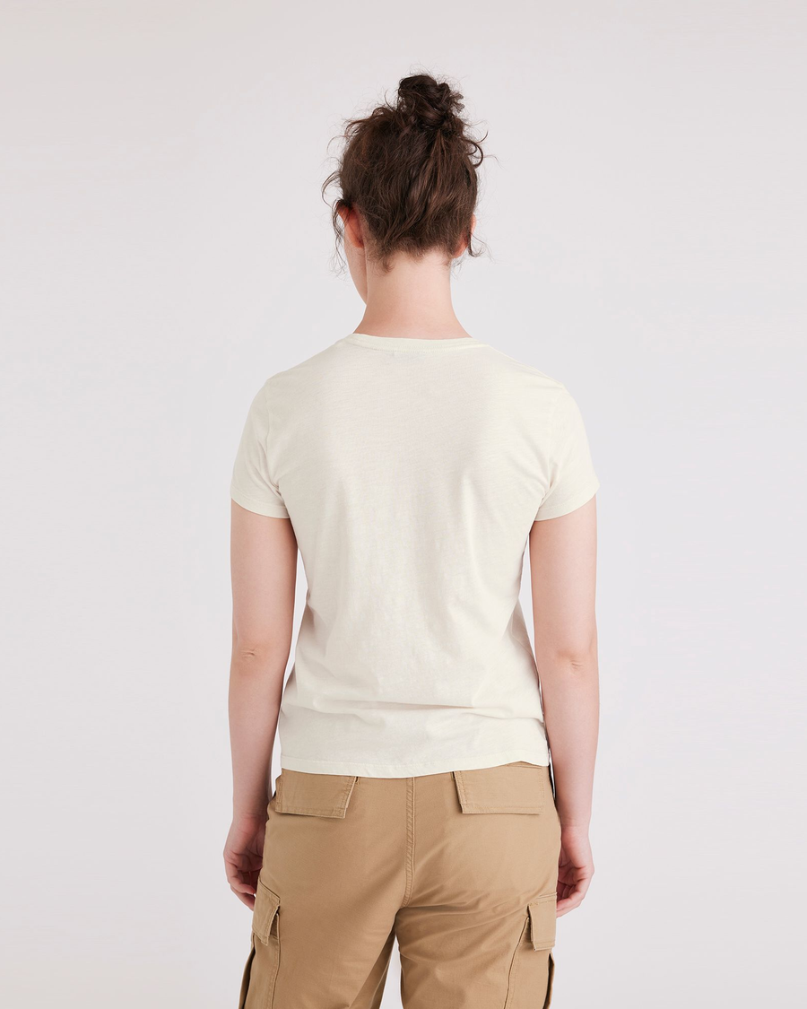 Back view of model wearing Buttercream Graphic Tee, Slim Fit.