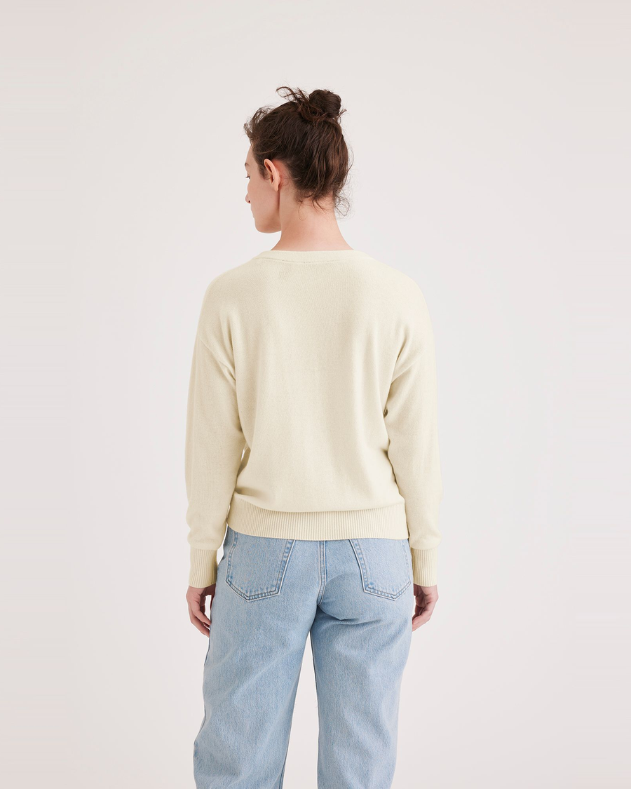 Back view of model wearing Buttercream Sweater, Regular Fit.