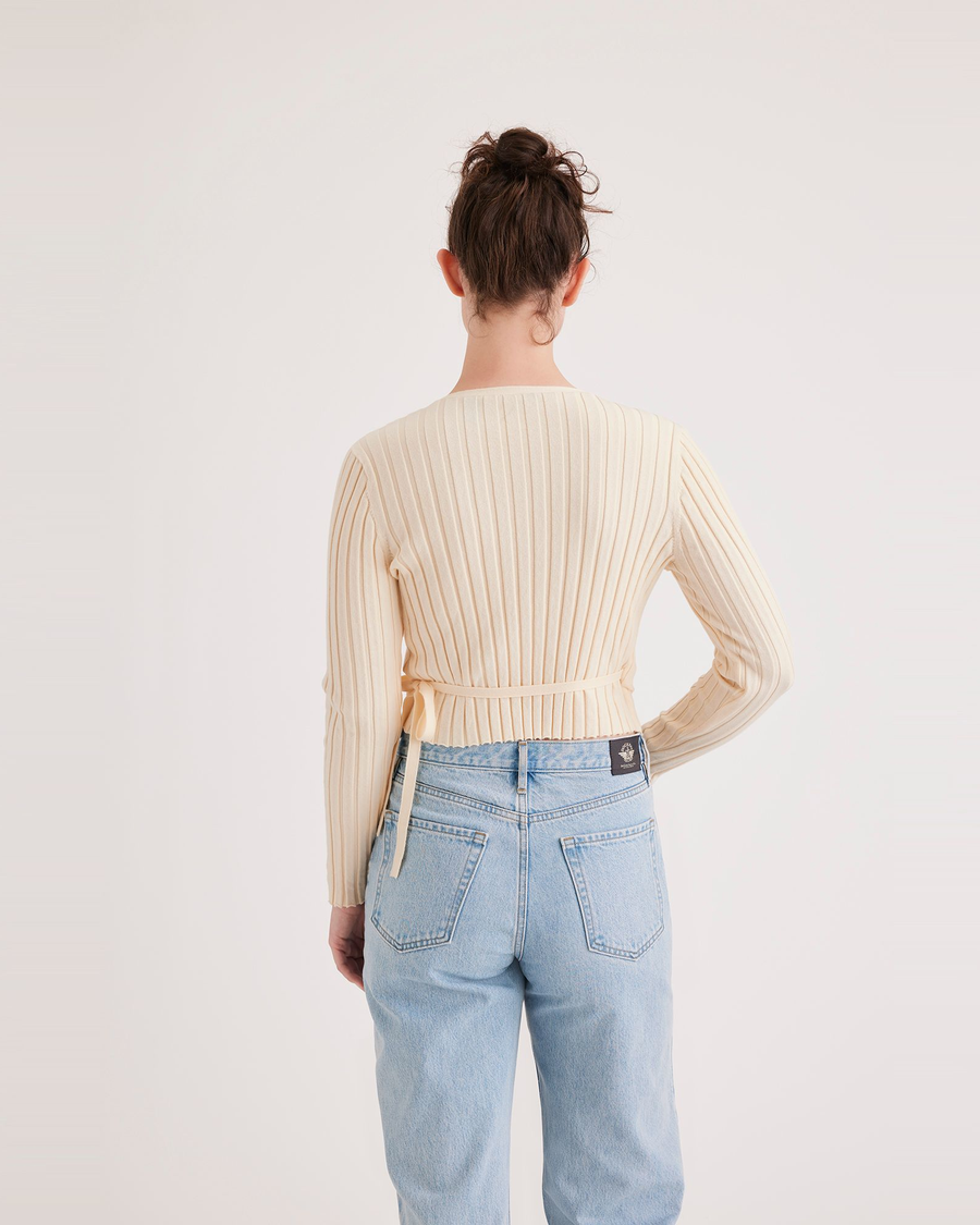 Back view of model wearing Buttercream Wrap Sweater, Slim Fit.