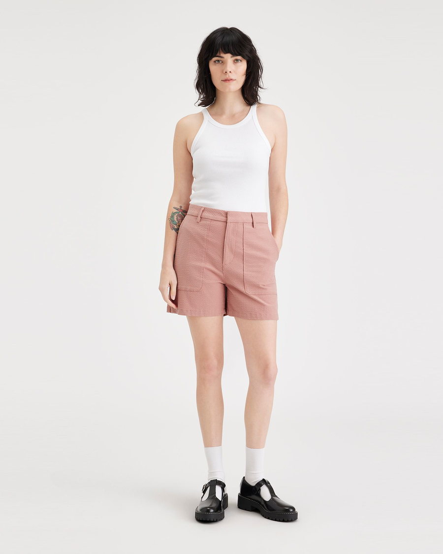 Front view of model wearing Cameo Brown Mid-Rise Short.