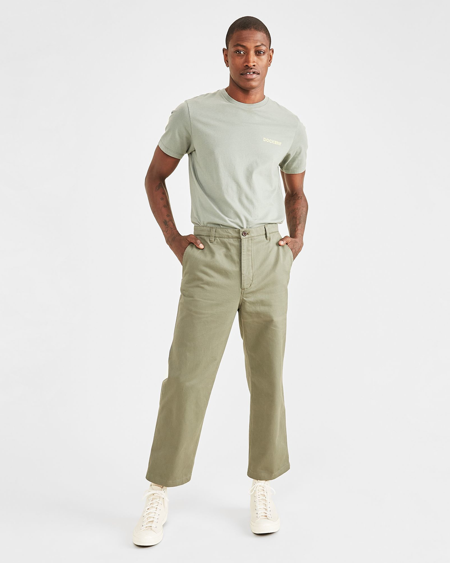Front view of model wearing Camo Cropped Khakis, Straight Fit.