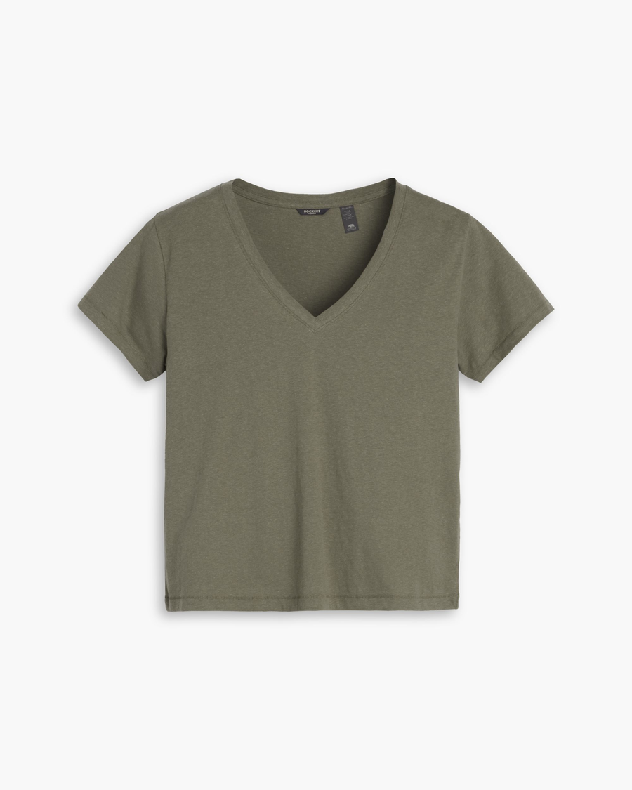 View of model wearing Camo Deep V-Neck Tee, Regular Fit.