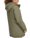 View of model wearing Camo Olive Hooded Parka.