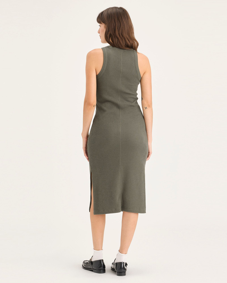 Back view of model wearing Camo Rib Knit Tank Dress with Lofi Knit, Slim Fit.