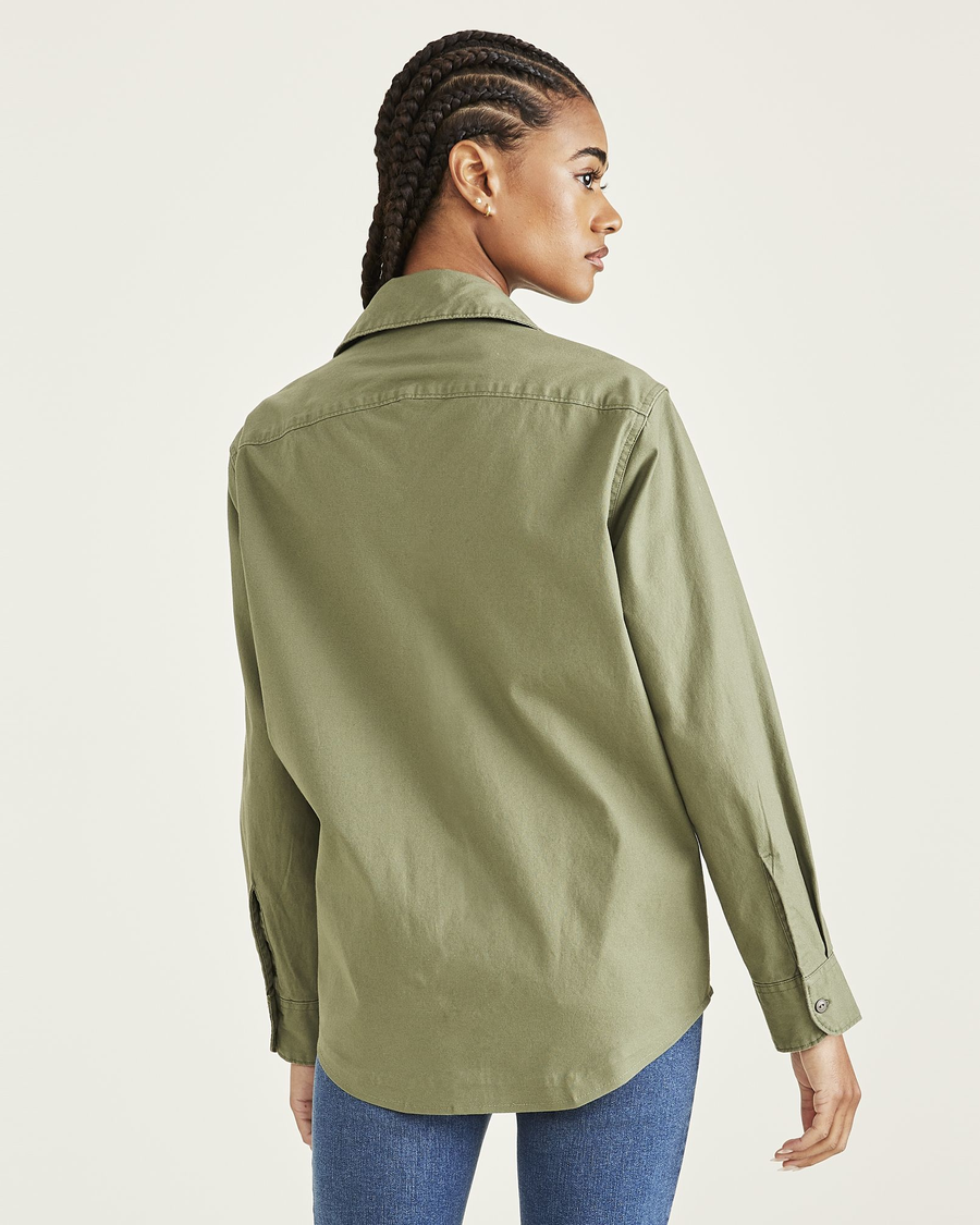 Back view of model wearing Camo Shirt Jacket, Relaxed Fit.
