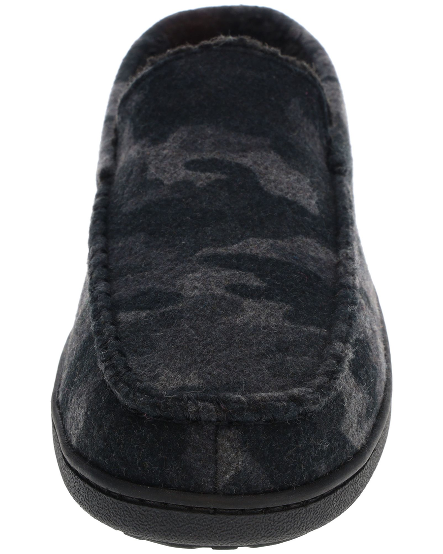 View of  Camo Ultrawool Venetian Moccasin with Plaid Lining.