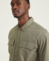 View of model wearing Camo Utility Shirt, Relaxed Fit.